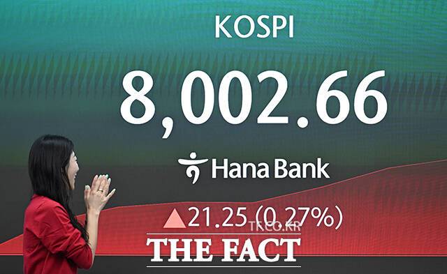 코스피가 사상 최초로 8000선을 돌파한 15일 오전 서울 중구 하나은행 딜링룸에 전광판에 코스피 지수가 표시되고 있다. /박헌우 기자