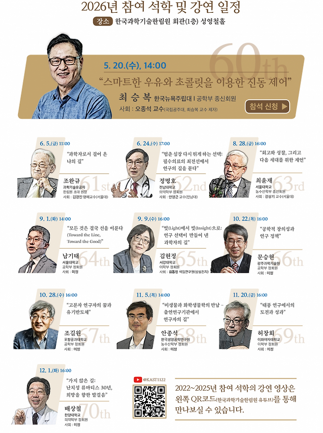 2026년 석학 커리어 디시전스 참여 석학 및 강연 일정. 한국과학기술한림원 제공