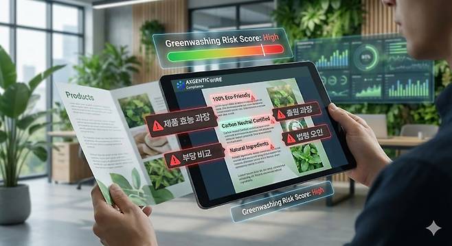 SK AX가 친환경 허위·과장광고(그린워싱) 여부를 사전 판별하는 AI 서비스 ‘엑스젠틱와이어 컴플라이언스’를 출시했다. 사진은 기사의 이해를 돕기 위해 AI로 만든 참고 이미지. <제공=SK AX>