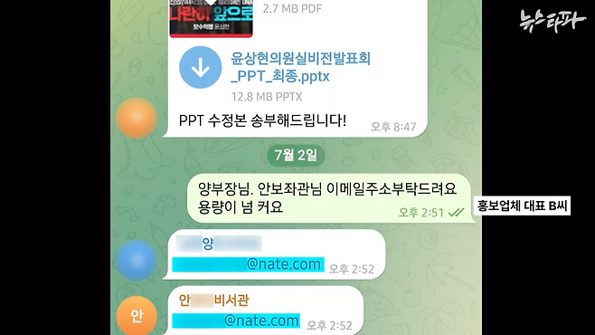 지난 2024년 7월 1~2일 윤상현 의원실 관계자들과 홍보업체 A사 대표 B씨 등이 참여한 텔레그램 단체 대화방 캡처.