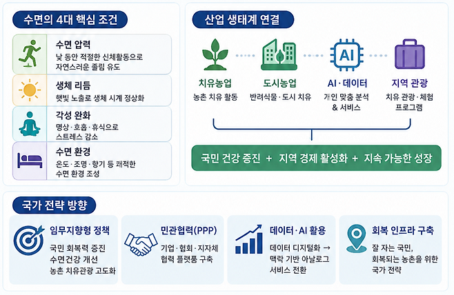 낮의 치유 활동과 밤의 수면 기술을 연결한 '회복 산업'이 등장했다. AI 기반 숙면 서비스와 치유농업·도시농업·관광을 결합해 건강 회복과 지역경제 활성화를 동시에 추진한다. /챗GPT 제작 이미지