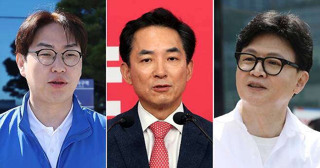 부산 북갑 출마한 하정우 더불어민주당 후보, 박민식 국민의힘 후보, 한동훈 무소속 후보./뉴스1