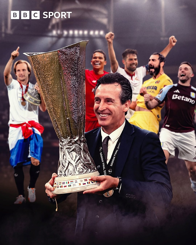 에메리 빌라 감독(아래)은 21일 UEL 결승서 우승하며 통산 5번째 UEL 우승 트로피를 품었다. 사진=BBC