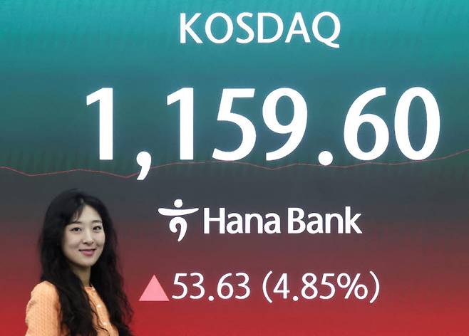 코스닥이 급등하며 이틀 연속 매수 사이드카가 발동한 22일 오전 서울 중구 하나은행 본점 딜링룸 전광판에 코스닥 지수가 표시돼 있다. (사진=뉴스1)