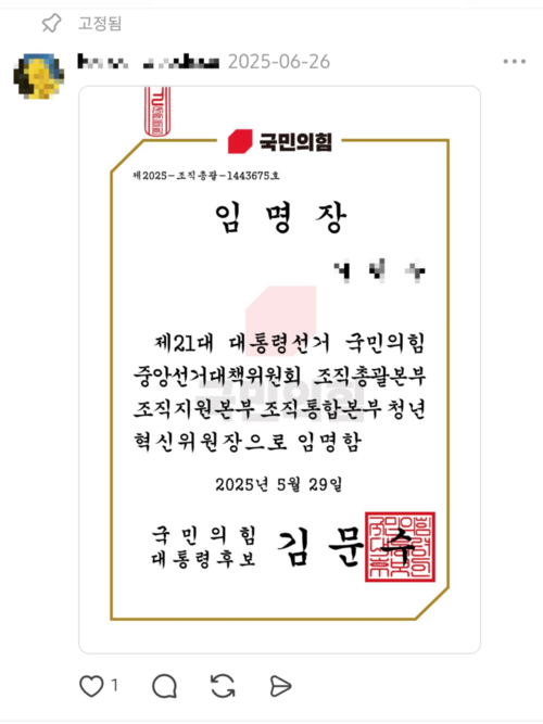 A씨가 지난해 국민의힘 대통령선거 기간 김문수 당시 국민의힘 대선후보 명의로 수여받은 ‘청년혁신위원장’ 임명장. A씨 스레드 갈무리