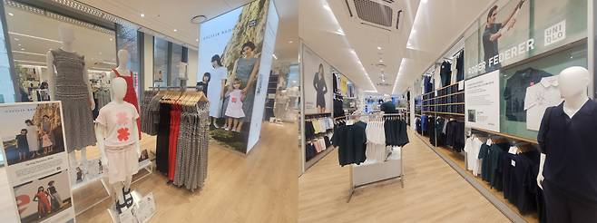 유니클로 명동점 2층에 전시된 덴마크 브랜드 ‘세실리에 반센’과의 협업 제품(왼)과 1층 스포츠웨어 존이 보이고 있다.(사진=정영인 기자 oin@)