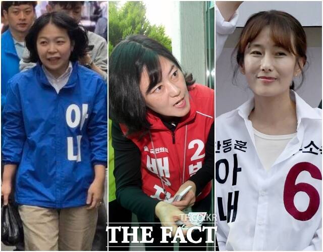 거물급 3파전이 치러지는 부산 북구갑 국회의원 재보궐선거가 후보들의 배우자들까지 유세 현장에 뛰어들며 전국 최대 격전지 중 하나로 이목을 집중시키고 있다. 왼쪽부터 기호순으로 하정우 더불어민주당 후보의 배우자 김수진 씨, 박민식 국민의힘 후보의 배우자 배정혜 씨, 한동훈 무소속 후보의 배우자 진은정 씨. /박상민 기자