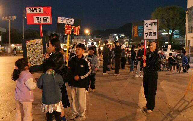광주 남구 하길교회 성도들이 지난달 5·18민주광장 음악분수 앞에서 부활절 행사로 뽑기판을 들고 시민들과 소통하고 있다. 교회 제공