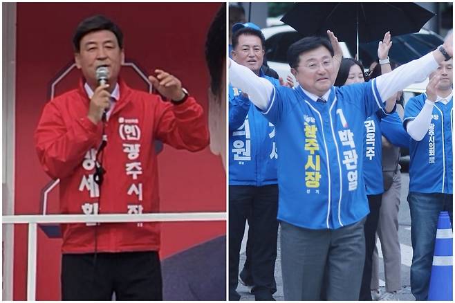 ▲6·3 지방선거 경기 광주시장 선거가 '정책 대결' 양상으로 재편되며 국민의힘 방세환 후보(왼쪽)와 더불어민주당 박관열 후보가 교통·도시개발·복지 분야를 중심으로 상반된 비전을 내세우며 유권자 공략에 나서고 있다. /이운길 기자 lsho7117@incheonilbo.com