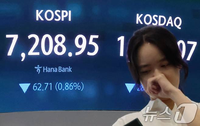 코스피 지수가 외국인 매도세와 삼성전자 노사 리스크 등 영향으로 하락한 지난 20일 오후 서울 중구 하나은행 본점 딜링룸 전광판에 종가가 표시되고 있다. 2026.5.20 ⓒ 뉴스1 조연우 인턴기자