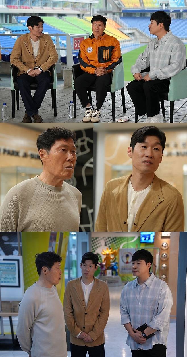 JTBC 차박로드에 출연한 차범근과 박지성, 배성재. 사진 JTBC