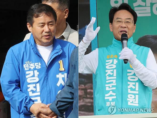 유세하는 강진군수 후보들 (강진=연합뉴스) 김혜인 기자 = 제9회 전국동시지방선거 선거운동 기간인 24일 전남 강진군 강진읍 오감통시장에서 더불어민주당 차영수(왼쪽)·무소속 강진원 강진군수 후보가 유세하고 있다. 2026.5.24 in@yna.co.kr