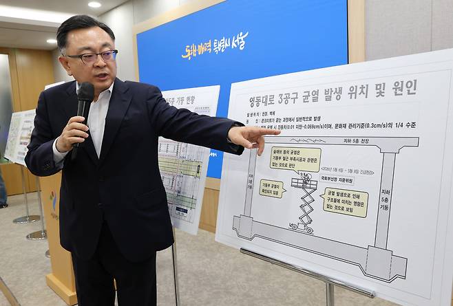 김성보 서울시장 권한대행이 25일 서울시청에서 브리핑을 열고 GTX-A 노선 철근 누락이 밝혀진 영동대로 복합개발 3공구 건설공사와 관련해 설명하고 있다. /연합뉴스
