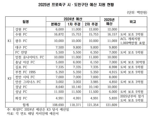 2025년 한국 남자 프로축구 시·도민구단 예산 지원 현황. 사진=나라살림연구소