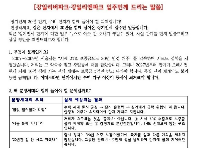 '장기전세주택(시프트) 초기 입주민들이 거주 20년 만기를 앞두고 서울시에 임대 연장·분양전환을 요구하며 분양 세대에 연대를 호소했다. /사진=블라인드