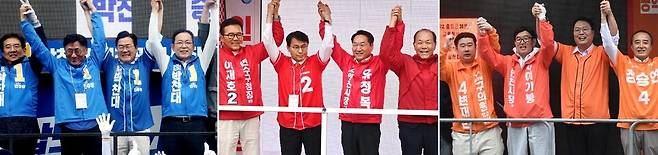▲ 6·3 전국동시지방선거 공식 선거운동 첫날인 지난 21일 인천시장 후보들이 출정식을 열고 본격적인 선거전에 돌입했다. 박찬대(왼쪽부터) 더불어민주당 후보가 미추홀구 옛 시민회관 쉼터에서, 유정복 국민의힘 후보가 연수구 송도역 앞에서, 이기붕 개혁신당 후보가 연수구 옥련시장 앞에서 각각 지지를 호소하고 있다. /이재민 기자 leejm@incheonilbo.com