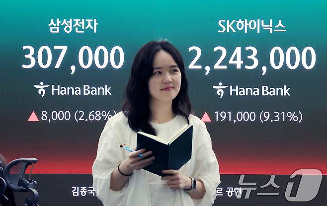 삼성전자와 SK하이닉스가 레버리지 상장지수펀드(ETF)에 출시된 27일 서울 중구 하나은행 딜링룸 현황판에 종가가 표시되고 있다. 2026.5.27 ⓒ 뉴스1 이호윤 기자