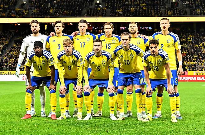 2026 북중미월드컵 조별리그 F조에 속한 스웨덴 축구대표팀. 사진은 올해 유럽예선 플레이오프 당시 대표팀. 로이터=연합뉴스