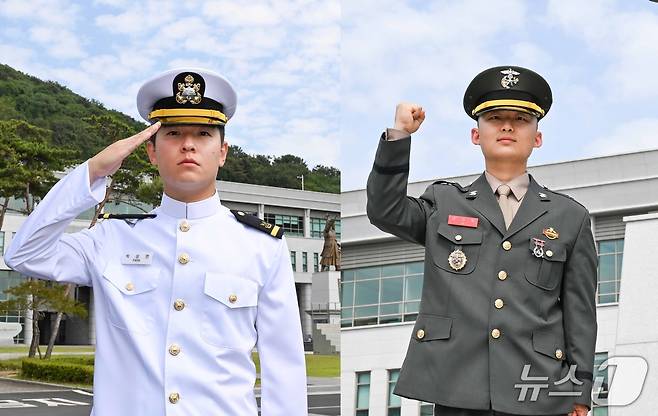제140기 해군·해병대 장교 298명이 28일 사관후보생 수료 및 임관식을 갖고 본격적으로 군문에 들어섰다. 사진은 교육 성적 우수로 국방부 장관상을 받은 박상연 해군 소위(항공조종·왼쪽)와 조건희 해병 소위(보병). 2026.5.28./ⓒ 뉴스1(해군 제공)