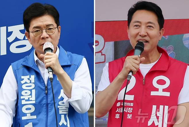 정원오(왼쪽) 더불어민주당, 오세훈 국민의힘 서울시장 후보가 25일 각각 서울 양천구 현대백화점 목동점 앞, 도봉구 홈플러스 방학점 앞에서 지지를 호소하고 있다. 2026.5.25 ⓒ 뉴스1 최지환 기자,김진환 기자