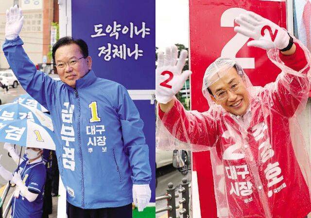 김부겸 더불어민주당 대구시장 후보가 27일 북구 태전네거리 출근길 유세에서 시민들과 인사하고 있다(왼쪽 사진). 추경호 국민의힘 후보는 인근 팔달교를 찾아 시민들을 만났다. 뉴시스