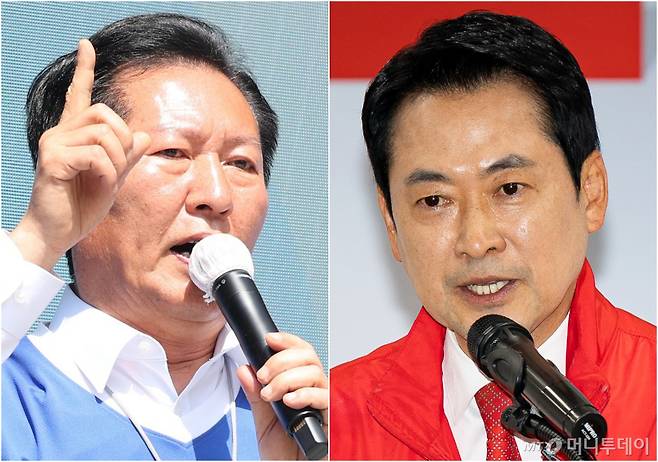 (전주·대구=뉴스1) 유경석 기자,유승관 기자 = 정청래 더불어민주당 대표(왼쪽)와 장동혁 국민의힘 대표가 25일 각각 전북 전주시 전북대학교 구정문 앞과 대구 수성구 국민의힘 대구시당에서 열린 대구·경북 공동 비전선포식에서 인사말을 하고 있다. 2026.5.25/뉴스1 Copyright (C) 뉴스1. All rights reserved. 무단 전재 및 재배포, AI학습 이용 금지. /사진=(전주·대구=뉴스1) 유경석 기자,유승관 기자
