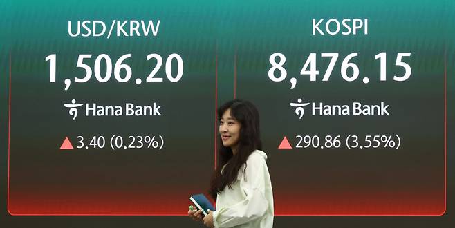 코스피는 전 거래일(8185.29)보다 290.86포인트(3.55%) 오른 8476.15에 마감한 29일 오후 서울 중구 하나은행 딜링룸 전광판에 지수가 표시돼 있다. 코스닥 지수는 전 거래일(1104.36)보다 29.56포인트(2.68%) 하락한 1074.80에 거래를 마쳤다. 서울 외환시장에서 원·달러 환율은 전 거래일(1502.8원)보다 5.1원 오른 1507.9원에 주간 거래를 마감했다. /사진=뉴시스