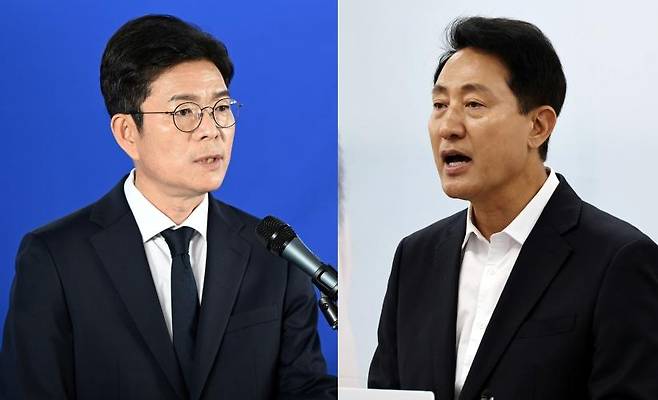정원오(왼쪽) 더불어민주당 서울시장 후보와 오세훈 국민의힘 서울시장 후보가 28일 각각 캠프 사무실에서 기자간담회를 열고 있다. 박시몬 민경석 기자