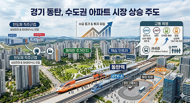 경기도 내 동탄이 GTX-A(수도권광역급행철도) 노선 확장, SRT(수서고속철도) 등 교통 인프라와 최근 떠오르는 셔세권(셔틀버스 역세권) 등으로 높은 집값 상승세 보이고 있다. 사진=구글제미나이