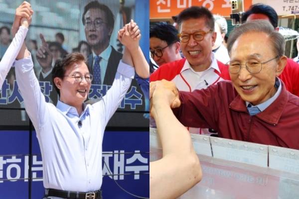 더불어민주당 전재수 부산시장 후보가 31일 부산 남구 평화공원에서 열린 유세에서 지지를 호소했다.(왼쪽) 국민의힘 박형준 후보는 이명박 전 대통령과 함께 해운대구 해운대시장을 찾아 유세를 펼쳤다. 정종회·김종진 기자 jjh@