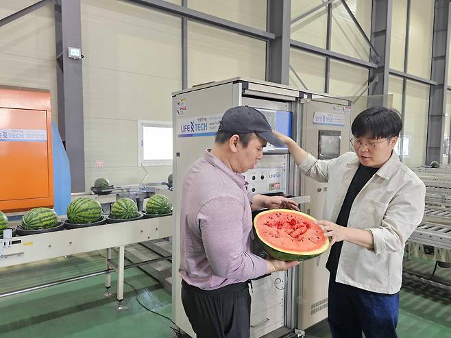 박청규 쿠팡 로켓프레시 품질보증팀 매니저(오른쪽)가 협력사와 함께 AI 과일 선별기를 거친 수박을 교차 검증하고 있다(사진제공=쿠팡)