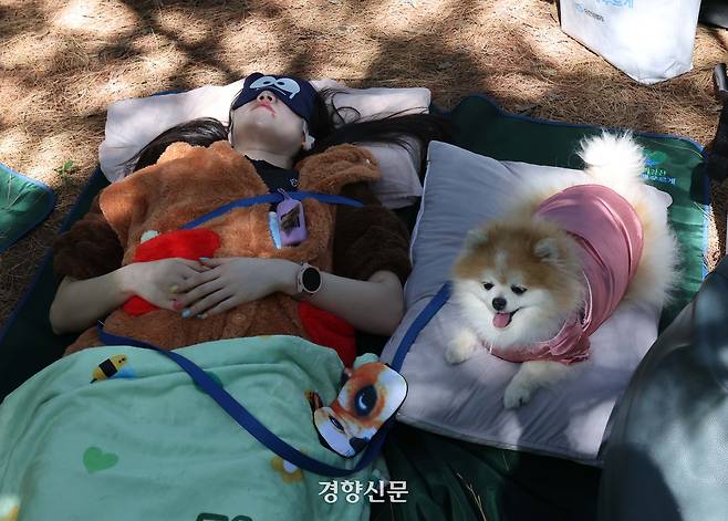 31일 서울 성동구 서울숲에서 열린 ‘제1회 우리강산 푸르게 푸르게 숲속 개꿀잠대회’에서 참가자들이 반려견과 잠을 청하고 있다. 강윤중 기자