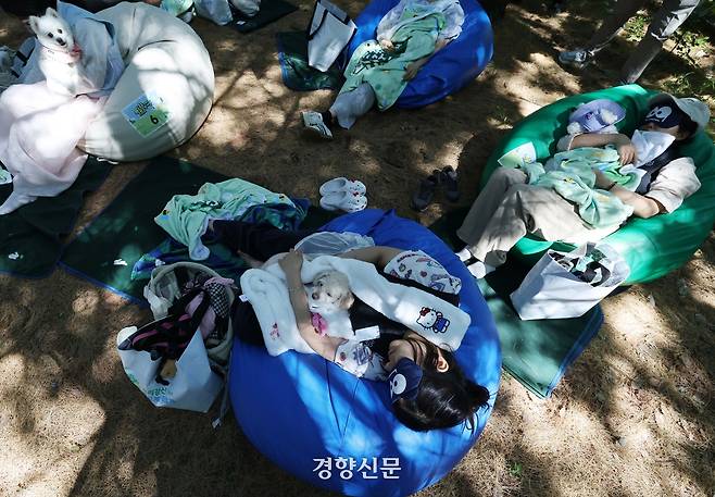 31일 서울 성동구 서울숲에서 열린 ‘제1회 우리강산 푸르게 푸르게 숲속 개꿀잠대회’에서 참가자들이 반려견과 잠을 청하고 있다. 강윤중 기자