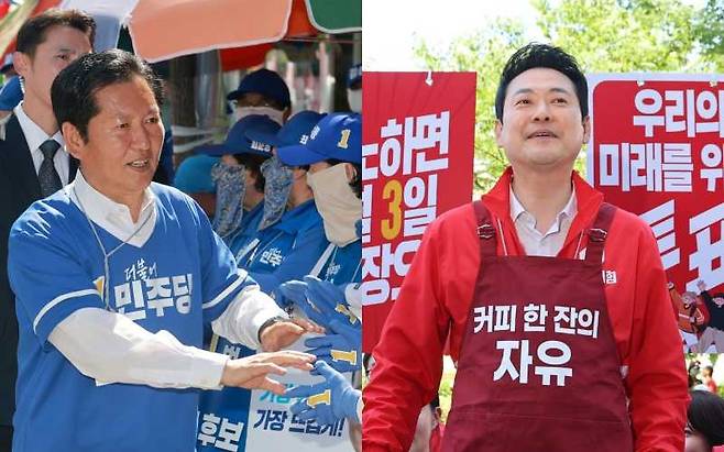 정청래 더불어민주당 대표(왼쪽)가 31일 충북 영동군을 찾아 지지자들을 만나고 있다. 장동혁 국민의힘 대표는 같은 날 서울 홍대입구역에서 시민들에게 투표를 독려하고 있다. 연합뉴스