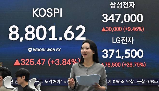 1일 서울 중구 우리은행 딜링룸 전광판에 코스피 지수와 삼성전자, LG전자 거래 가격이 표시되어 있다. 임세준 기자