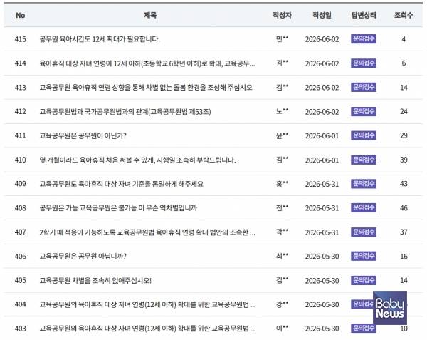 국회 홈페이지 알림마당에는 교육공무원을 차별하는 게 아니냐는 민원글이 쏟아지고 있는 실정이다. ⓒ국회