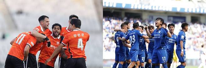 최근 8경기 무패 화성FC(왼쪽)와 수원 삼성이 6일 오후 7시30분 리그 15라운드서 맞붙는다. 한국프로축구연맹 제공