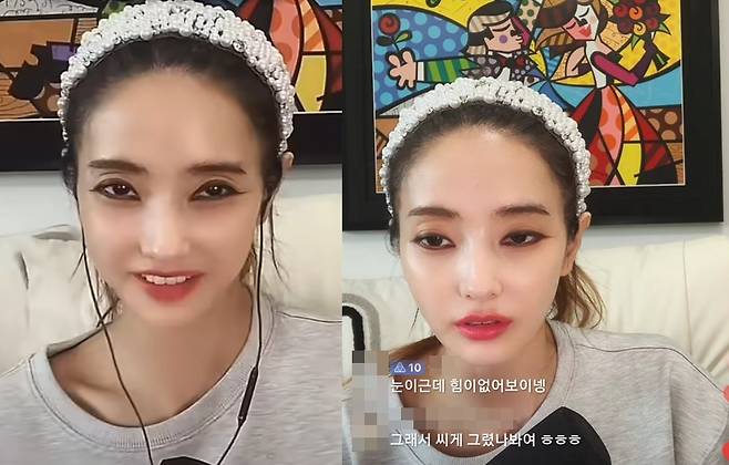 최근 배우 한채영이 틱톡 라이브 방송에서 보인 달라진 모습이 일부 팬들의 걱정을 사고 있다. /사진=한채영 틱톡 라이브, 온라인 커뮤니티