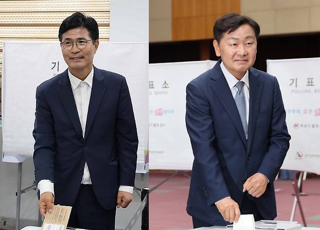 6·3 지방선거 사전투표 첫날인 29일 더불어민주당 이원택(왼쪽) 전북특별자치도지사 후보와 무소속 김관영 후보가 전주시내 사전투표소에서 투표하고 있다. 연합뉴스