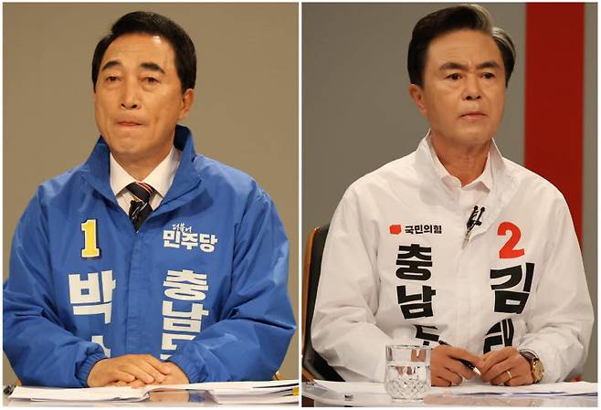 충남지사 선거에 출마한 민주당 박수현 후보와 국민의힘 김태흠 후보가 5월 27일 오전 TJB 대전방송에서 열린 충남선거방송토론위원회 주관 충남지사 후보 토론회에 참석해 공방을 이어갔다. 사진 왼쪽부터 박수현 후보와 김태흠 후보. (사진=연합뉴스 제공)