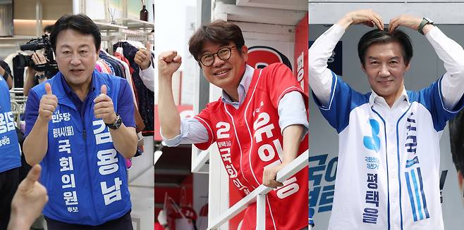 김용남 더불어민주당(왼쪽부터), 유의동 국민의힘, 조국 조국혁신당 경기 평택시을 국회의원 후보들이 지난 1일 경기 평택시 안중읍 안중시장을 찾아 시민들에게 지지를 호소하고 있다. 뉴스1