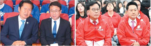 더불어민주당 정청래 총괄상임선거대책위원장 등 지도부가 3일 국회 의원회관에 마련한 제9회 전국동시지방선거·국회의원 재보궐선거 개표상황실에서 출구조사 결과를 지켜보고 있다(왼쪽). 장동혁 국민의힘 대표와 지도부는 이날 서울 여의도 국민의힘 중앙당사에 마련된 국민의힘 개표상황실에서 출구조사 결과를 지켜봤다. 연합뉴스