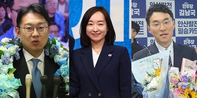 왼쪽부터 이재명 대통령을 보좌해 온 김남준 더불어민주당 인천 계양을 국회의원 재보궐선거 후보, 전은수 민주당 충남 아산을 국회의원 재보궐선거 후보, 김남국 민주당 경기 안산갑 국회의원 재보궐선거 후보. / 사진=뉴스1·뉴시스