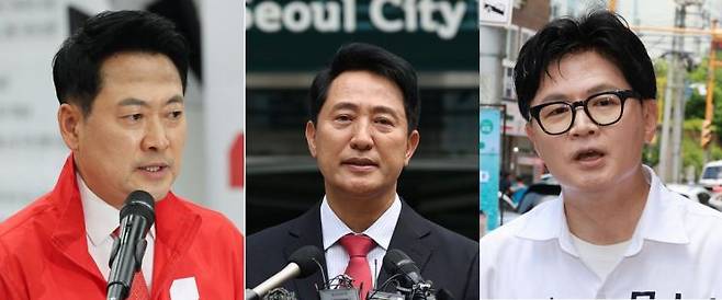 (사진 왼쪽부터) 장동혁 국민의힘 대표, 오세훈 서울시장, 한동훈 부산 북갑 국회의원 당선인. 아시아경제·연합뉴스 제공