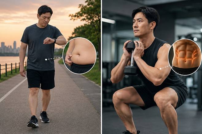 퇴근 후 매일 걷기만 하던 직장인이 근력운동을 병행하며 내장지방 관리에 나서는 모습. AI 생성 이미지