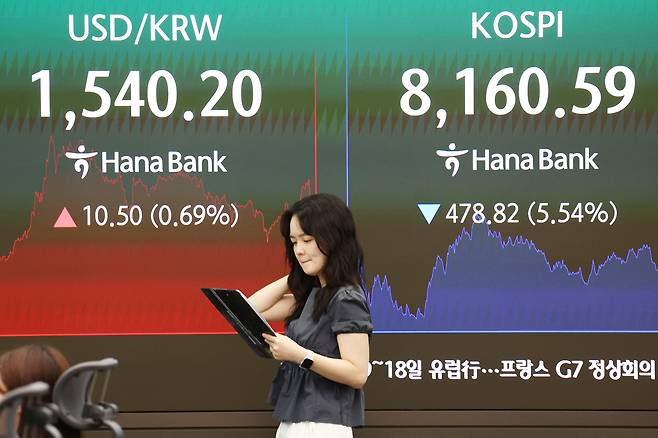 5일 서울 중구 하나은행 딜링룸 현황판에 코스피 등이 표시되고 있다. 연합뉴스