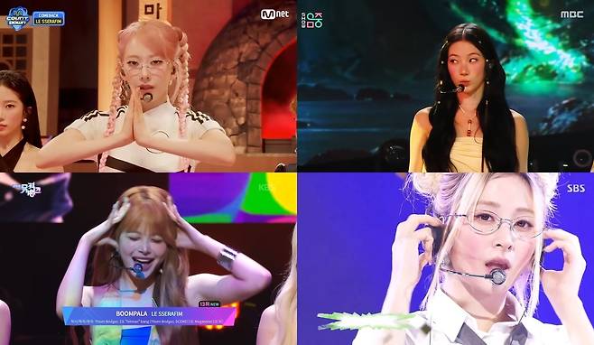 그룹 르세라핌(LE SSERAFIM)이 리더 김채원의 공백을 각기 다른 퍼포먼스로 채우고 좋은 반응을 일으키고 있다/사진제공=Mnet, KBS, MBC, SBS