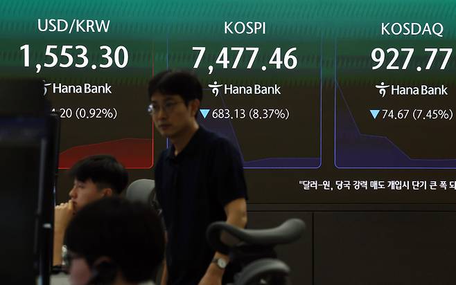 급락장에 코스피 서킷 브레이커가 발동된 8일 서울 하나은행 본점 딜링룸에서 딜러들이 업무를 보고 있다.(사진= 연합뉴스)