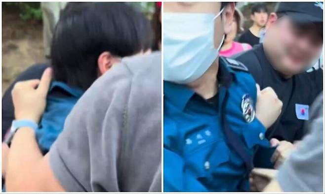 일부 시위 참가자들에 목덜미와 팔이 잡힌 경찰의 모습. 엑스(X) 영상 갈무리