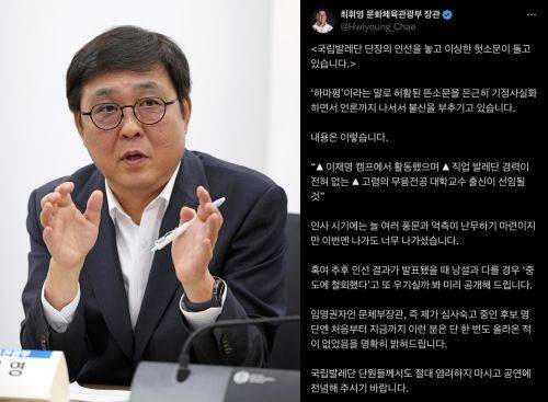 최휘영 문화체육관광부 장관과 그가 6일 국립발레단장 인선과 관련해 소셜미디어에 올린 글. 문체부 제공